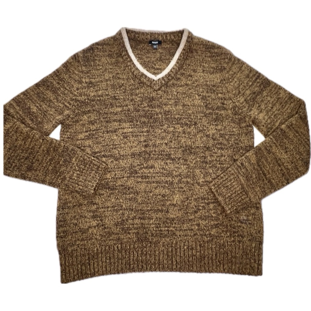 EXPRESS Sweater Men’s Textured Tipped V-Neck Fuzzy Marled Brown Cream Large L